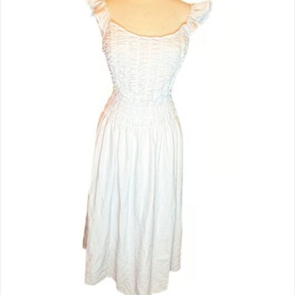 And Now This! White Dress Elastic Ruffle Sundress Strechy Smocked BOHO  Large - Picture 1 of 9